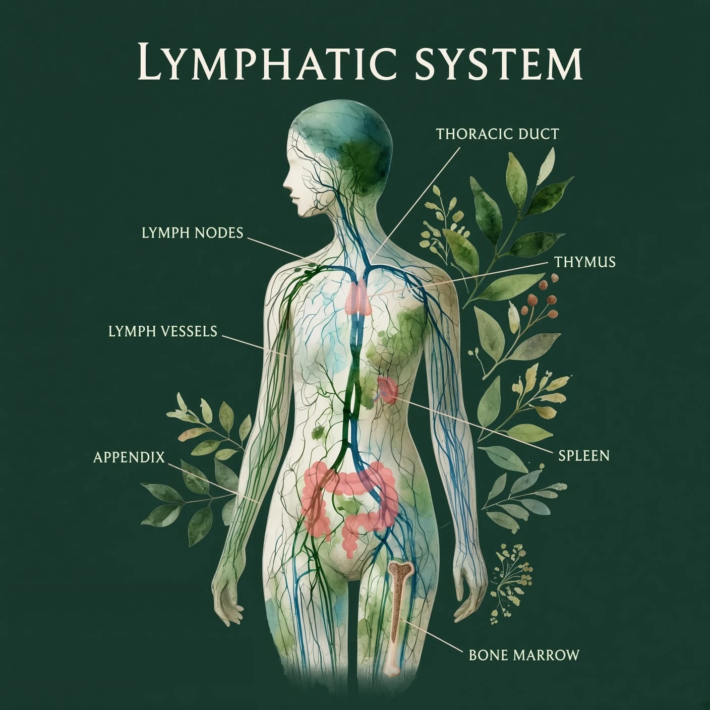 Illustration of the human lymphatic system showing lymph nodes, vessels, thoracic duct, thymus, spleen, and bone marrow